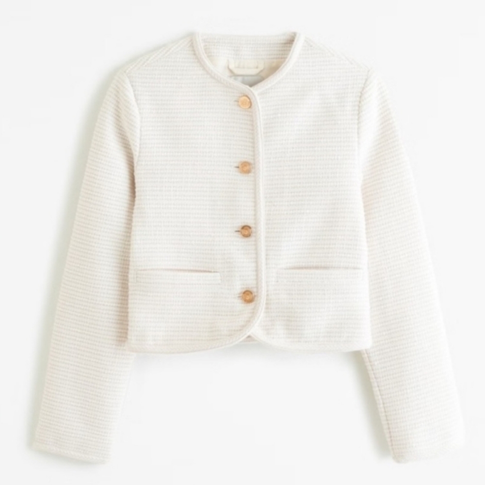 Abercrombie & Fitch Collardless Tweed Blazer With Gold Buttons Ivory XL - Picture 2 of 15